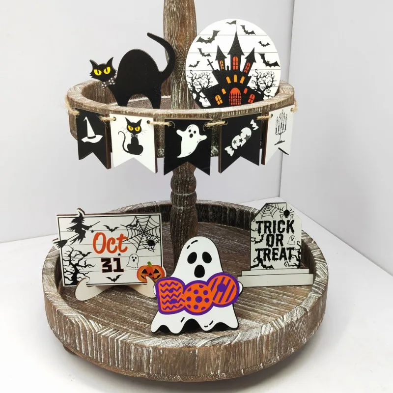 Sechs Stück Halloween Layered Tablett Blumentopf Desktop Dekoration Holz Geist Party Dekoration Layered Tablett Halloween Ornamente Image