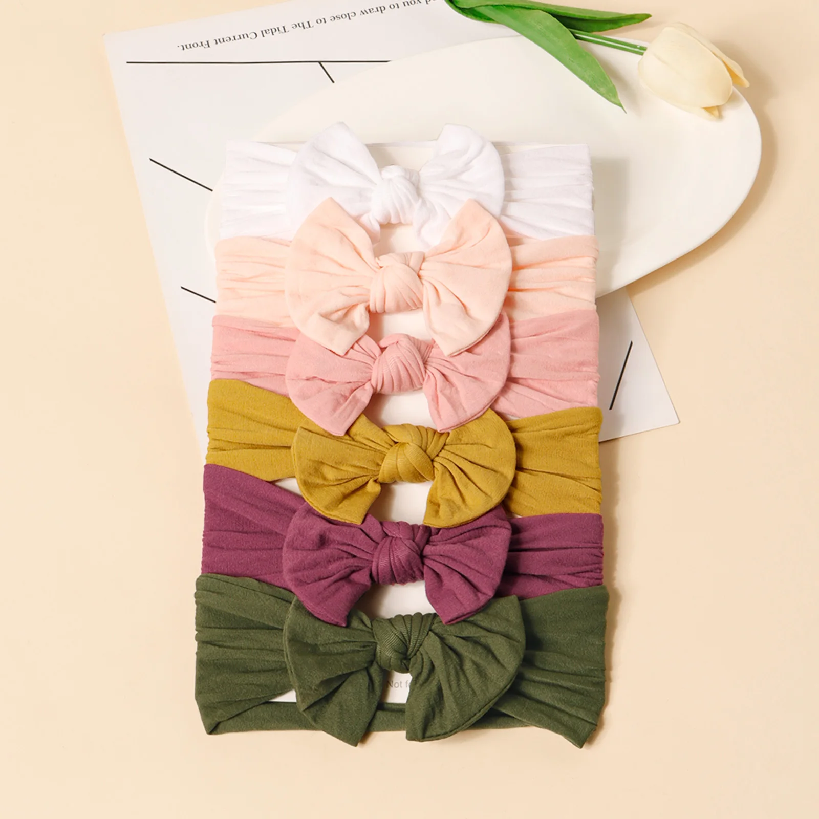 6Pcs Nylon Einfarbig Bogen Stirnband Neugeborenen Weichen Komfort Hohe Elastizität Hairdband Baby kinder Täglich Casual Haar Zubehör Image