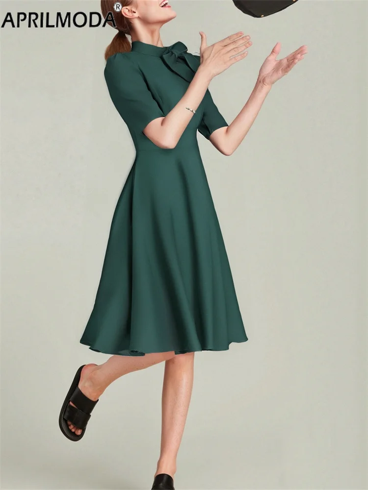 Stehen Schleife Hals Grün Vintage Casual Solide Büro Sommer Damen Kleid 50er 60er Jahre Elegant A Line Pinup Rockabilly Flare Tea Kleider
