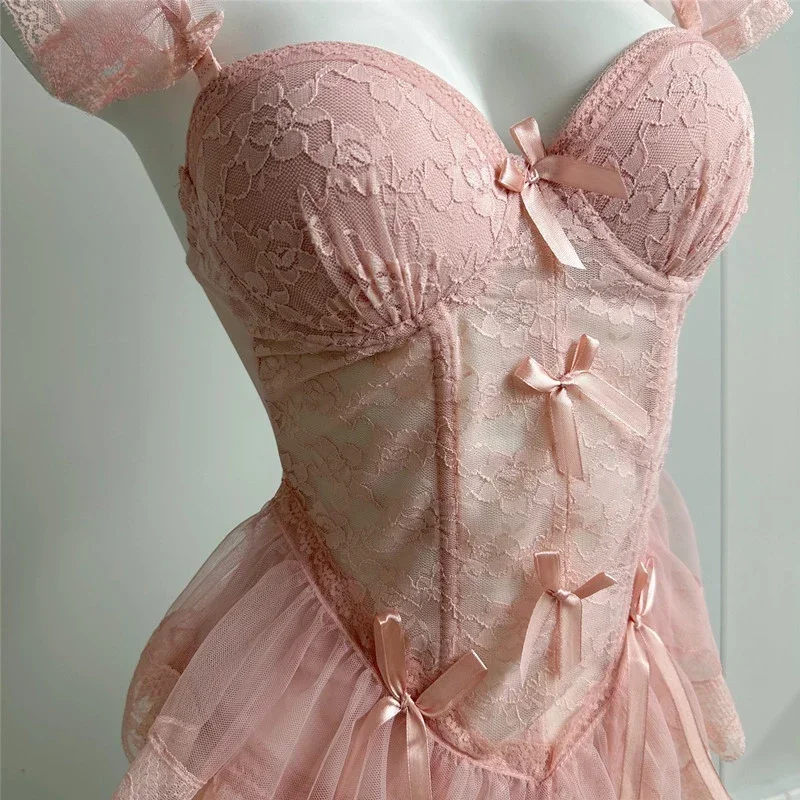 Sexy Korsett-Oberteile mit Höschen, sexy Dessous, reines Verlangen, schlanke Taille, Spitze, Netzstoff, Fishbone-BH, Lolita-Dessous-Set, schwarzes Bustier CHJ635 Image