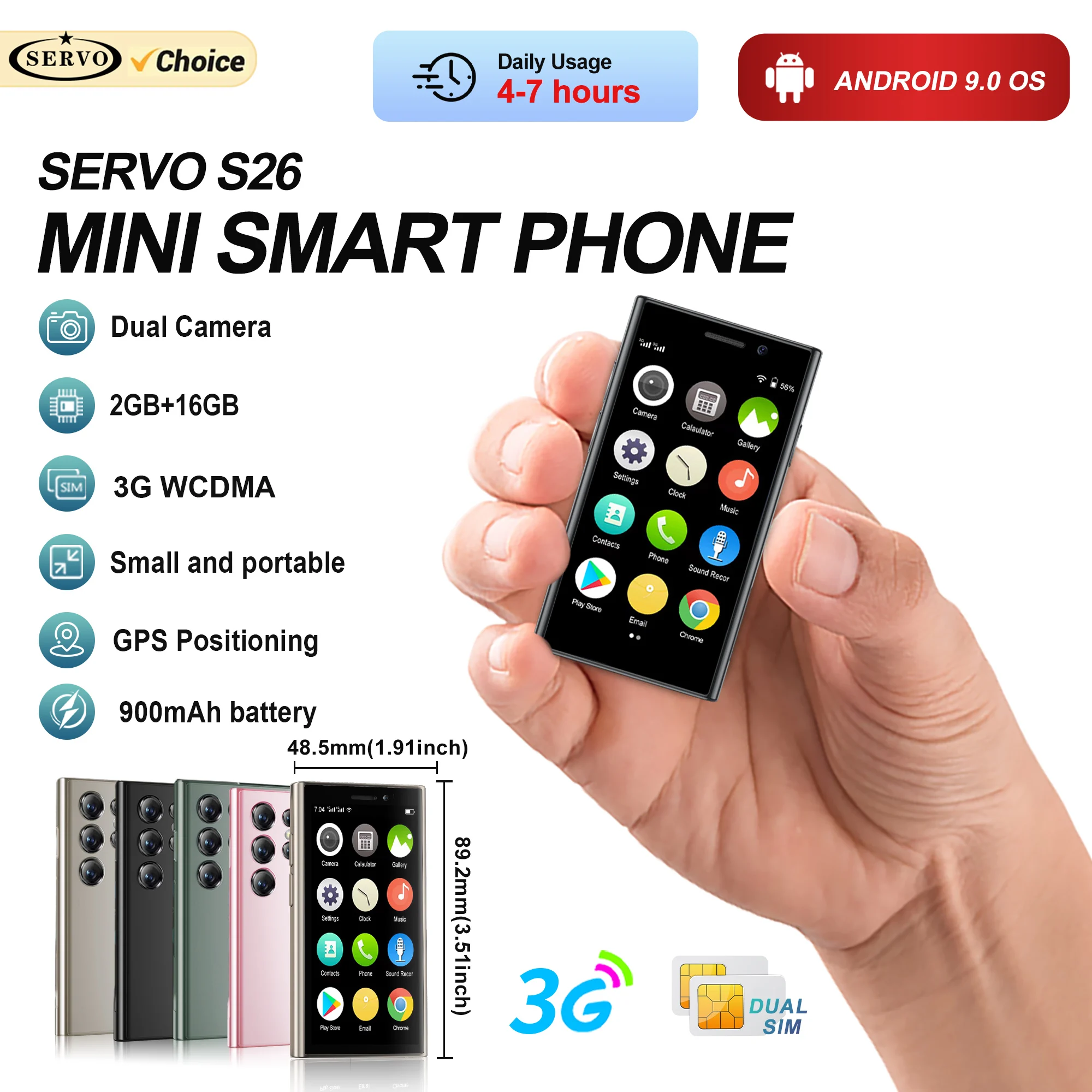 SERVO Mini-Smartphone Android 9.0 3G WCDMA 2 GB RAM 16 GB ROM 3" HD-Display 2MP Kamera Dual SIM Kleine günstige Mobiltelefone Play Store Image