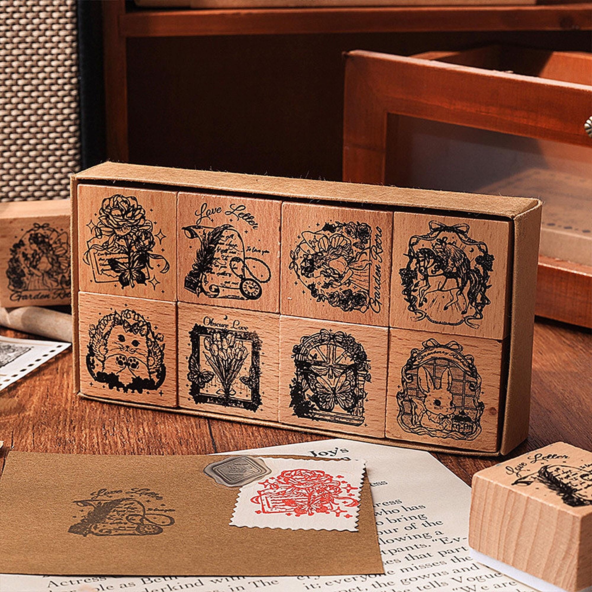 Set di timbri a tema animali vintage, timbri coniglio e gatto, timbri piante, timbri decorativi, timbri fiori, timbri diario, timbri diario