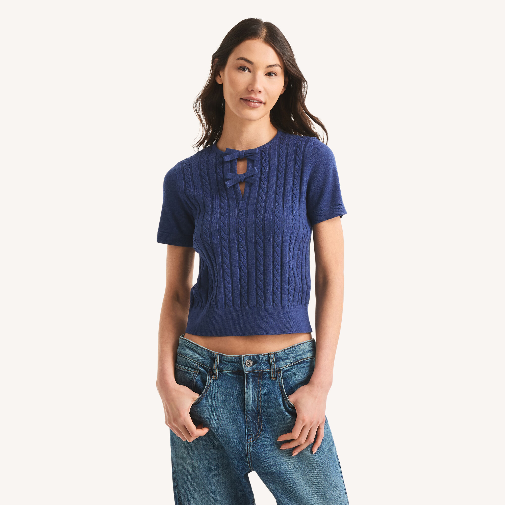 Nautica Women's Cable-Knit Short-Sleeve Sweater 464 (Blue Indigo Heather), L