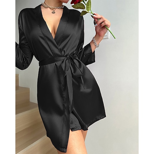 Damen Nachthemd Lässig Weich Satin Einfarbig Schnürung Täglich Heim Bett Langarm V Ausschnitt Schwarz Weiß Champagner Rosa Rote Sommer Lässiger Schnitt Image