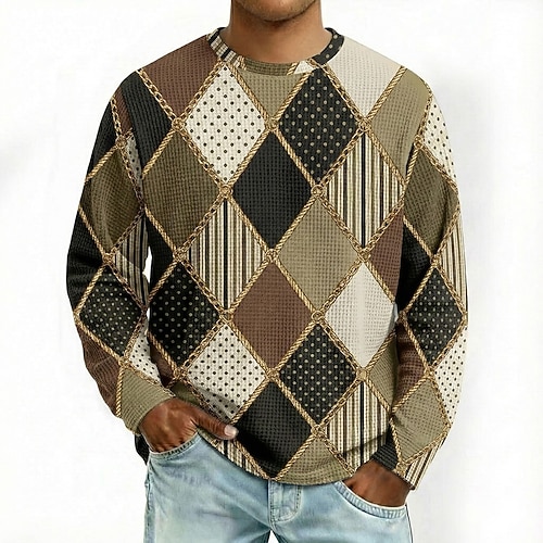 Herren Karomuster Waffelhemd Langarm T-Shirt 3D-Druck Rundhalsausschnitt Hemd Mode Täglich Designer Lässig Täglich Reise Blau Braun Grün Herbst Winter Bekleidung S M L XL XXL XXXL Image