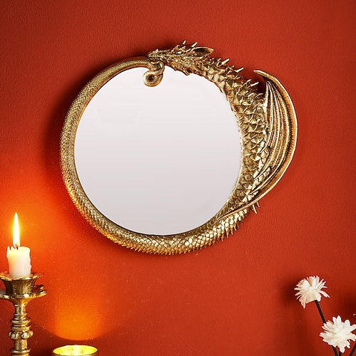 Vintage-Wandspiegel mit fliegendem Drachen aus goldfarbenem Kunstharz, detaillierte Goldschuppen, Raumdekoration, Kunsthandwerk für die tägliche Wohndekoration, Feiertage, Partys, Geburtstage, Image