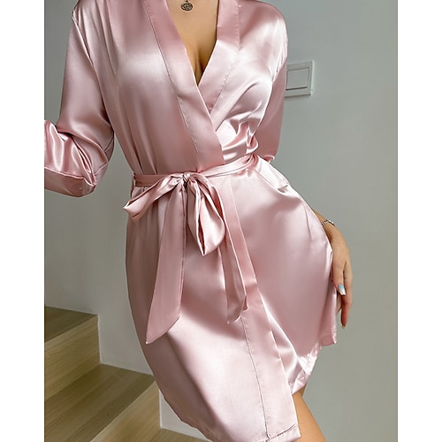 Damen Nachthemd Lässig Weich Satin Einfarbig Schnürung Täglich Heim Bett Langarm V Ausschnitt Schwarz Weiß Champagner Rosa Rote Sommer Lässiger Schnitt Image