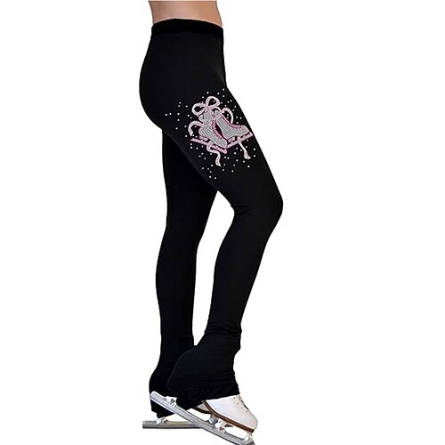 Eiskunstlaufhose für Damen und Mädchen, schwarz, dehnbar, Trainings- und Wettkampfbekleidung, wärmend, mit Kristall-/Strasssteinen Image