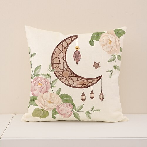 Kissenbezug zum Ramadan-Eid-Fest, muslimischer Halbmond-Print, orientalische Dekoration, Leinen-Sofakissen, strapazierfähiges Sitzkissen für Wohnzimmer und Gebetsraum Image