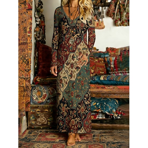 Damen Langes Kleid Maxikleid Boho-Kleid Vintage-Kleid Freizeitkleid Vintage Täglich Outdoor Urlaub Normale Passform Blumen Langarm V Ausschnitt Grün Frühling Herbst Image