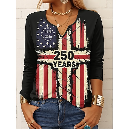 Unabhängigkeitstag amerikanisches 250. Jubiläum patriotisches T-Shirt Damen T-Shirt grafische Flagge Vintage stilvoll modern Langarm eingeschnittener Hals täglicher Wochenenddruck Blau Schwarz Khaki Image