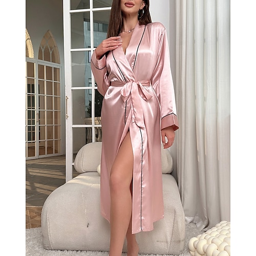 Damen Robe Lässig Weich Satin Einfarbig Schnürung Täglich Heim Bett Langarm V Ausschnitt Schwarz Rosa Rote Khaki Sommer Normale Passform Image