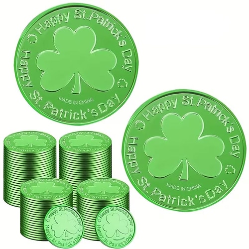 100 Stück St. Patrick's Day Goldmünzen, goldgrüne Glücksmünzen, Plastikmünzen mit Kleeblatt- und Koboldmotiv, 3-blättrige Kleeblattmünze als Gastgeschenk für Partydekoration Image