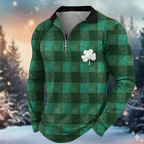 St. Patrick Herren Shamrock Polo Langarm Umlegekragen Modern Freizeit Athleisure Lässige Alltagskleidung Festival Reißverschluss 3D-Druck Frühling Herbst Schwarz Weiß Grün Image