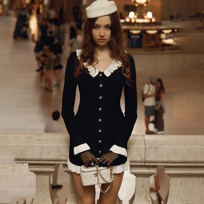 Tuularose Schwarz Rüschen Gestrickte Kleid Frauen Elegante V-ausschnitt Langarm Mini Kleid Kontrast Splice Herbst Neue Chic Dame Pendeln