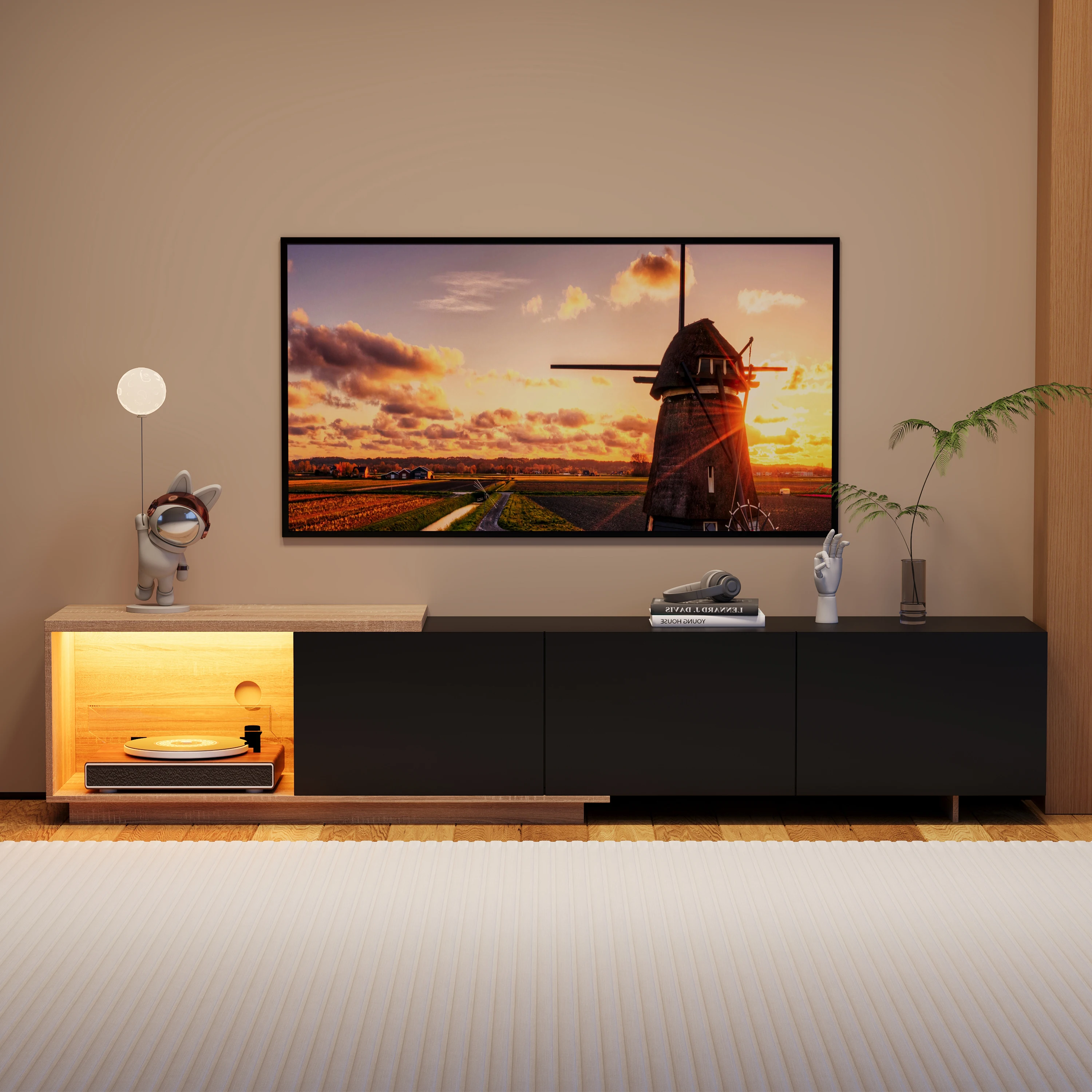 Anajqaqia Meuble TV LED 44 × 38 × 240 cm, meuble TV noir, TV moderne en bois avec rangement 3 tiroirs, meuble bas pour salon
