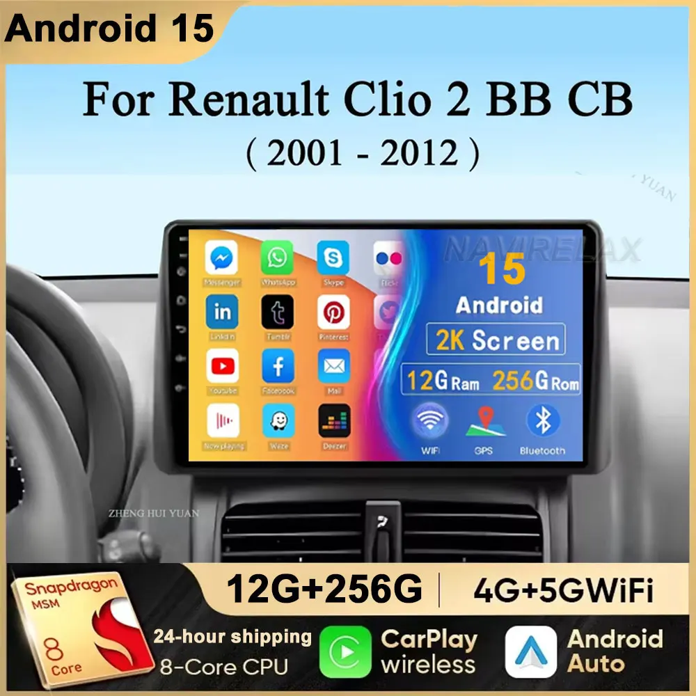 Auto Radio Drahtlose Carplay Für Renault Clio 2 BB CB 2001-2012 Navigation GPS Android Auto QLED Bildschirm Stereo android 15 Image