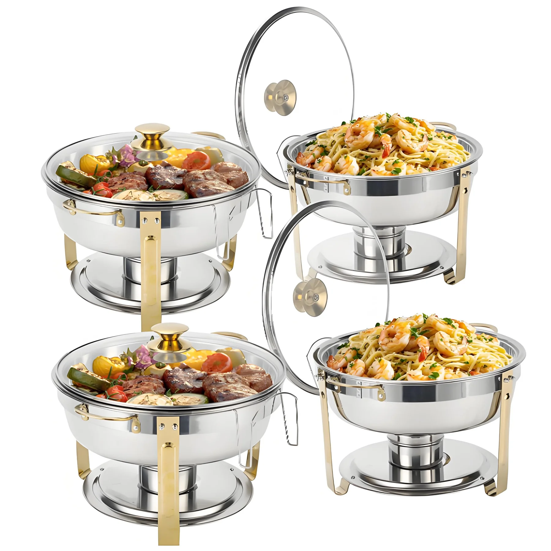 2/4er-Pack Chafing Dish Buffet Chafer-Pfanne aus Edelstahl, runder Catering-Wärmer mit Glasdeckel für Party-Bankett Image