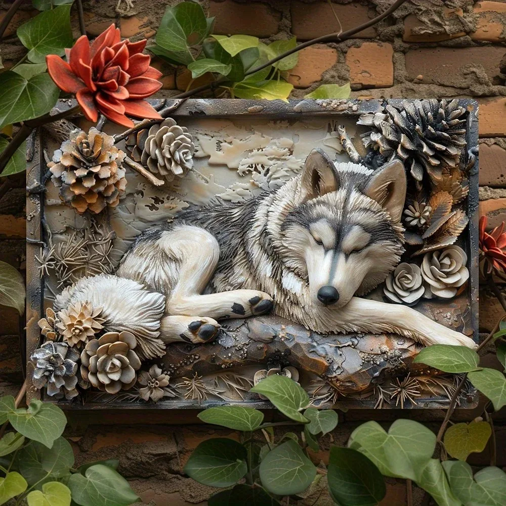 1 Stück 20,3 x 30,5 cm große sibirische Husky-Aluminium-Wandkunst – 3D-Effekt, Vintage-Blumendekor, Metall-Reliefskulptur für Haus und Garten