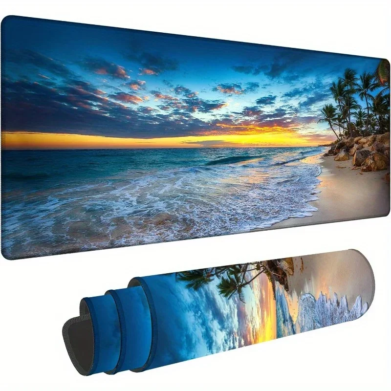 Sommer Strand LargePalm Tree Sunset Mauspad Gummi rutschfeste Schreibtischunterlage Hochwertiges Material Gaming-Matte Mauspad mit Schlosskante Image