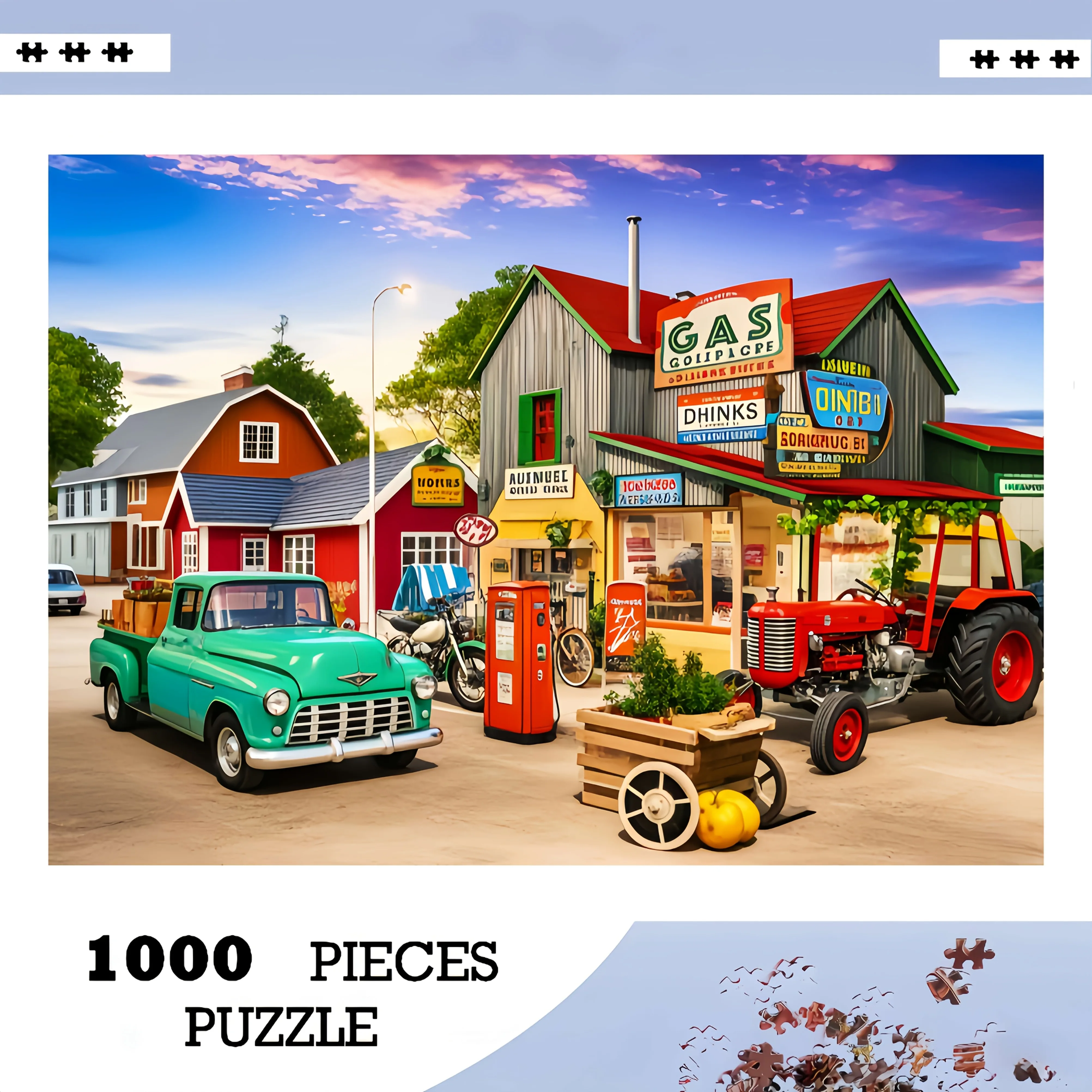 1000-teiliges Vintage-Tankstelle-Puzzle – herausfordernder DIY-Gehirnteaser mit alten Autos, Traktoren und amerikanischer Bewegung am Straßenrand Image