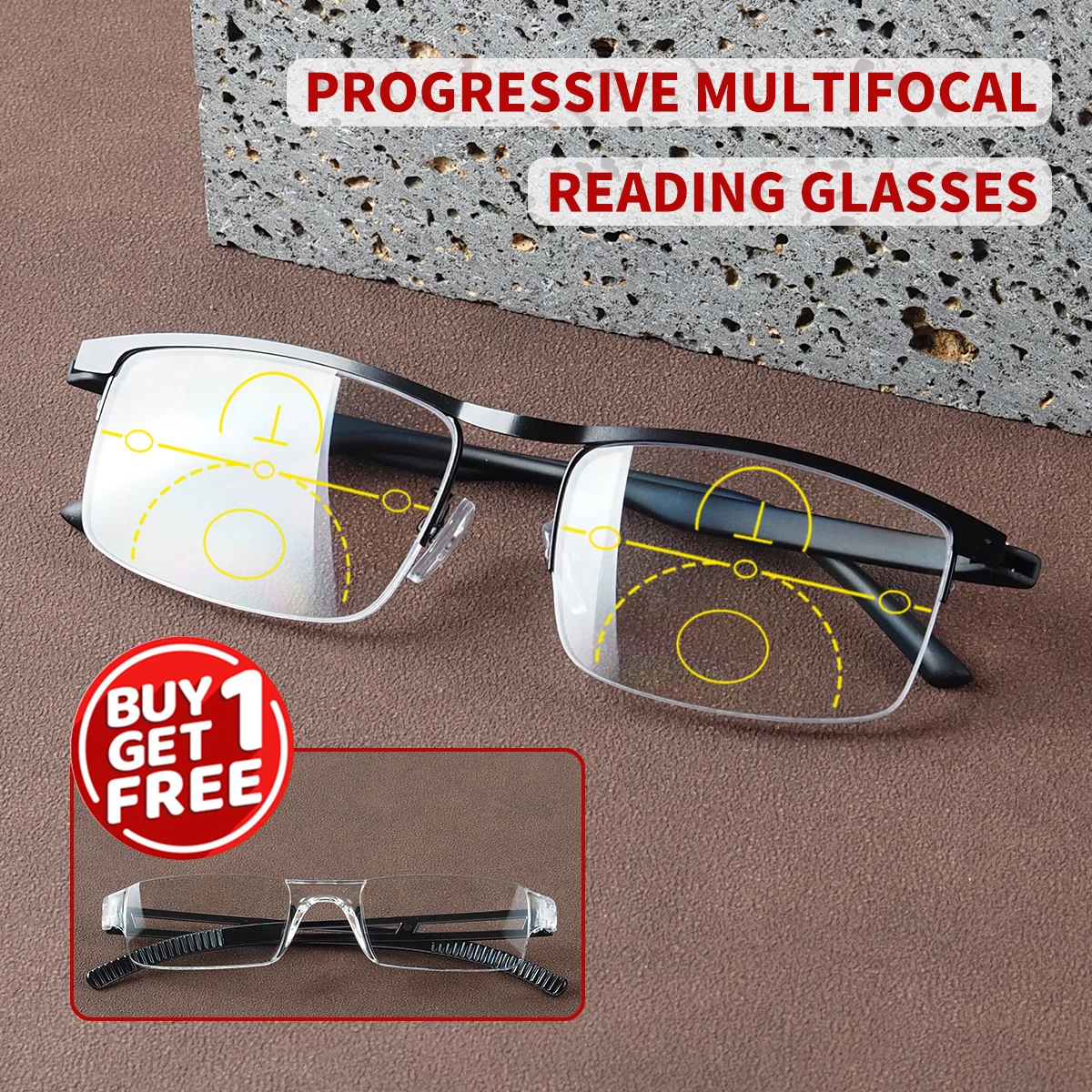Progressive multifokale Lesebrille, flexibler Tr-Rahmen, wird mit einer kostenlosen integrierten Lesebrille geliefert, Unisex-Stil. Image