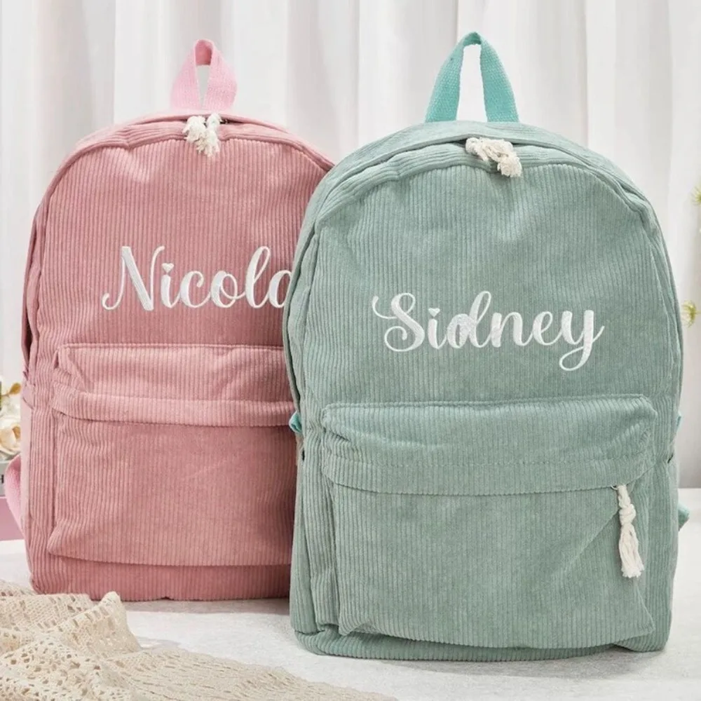 Sac à dos en velours côtelé pour enfants avec nom personnalisé, sac d'école monogramme pour enfants de la maternelle, premier jour d'école, cadeau pour grande sœur