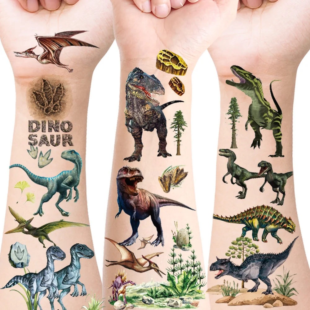 12-Blatt-Temporäre Dinosaurier-Tattoos, coole Designs, lebensechte, realistische Dinosaurier, T-Rex, Triceratops, Flugsaurier, Geburtstagsgeschenke Image
