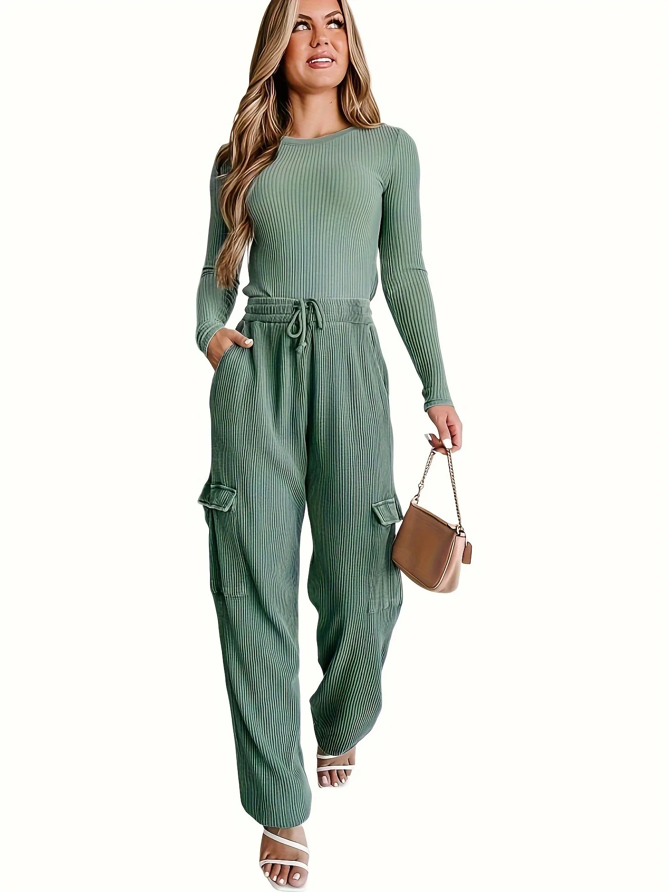 Einfarbige Klappen taschen Harems hosen Urlaub Kordel zug Hose mit hoher Taille für Damen bekleidung im Frühjahr und Herbst Image