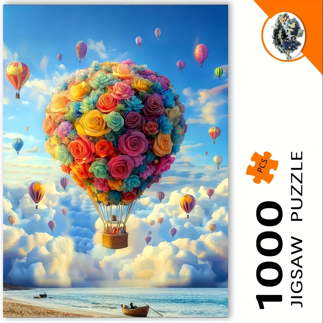 1000-teiliges Puzzle – Romantische Heißluftballons mit blühenden Blumen, bunten Wolken und ruhige Strandszene – weiße Rectangu Image