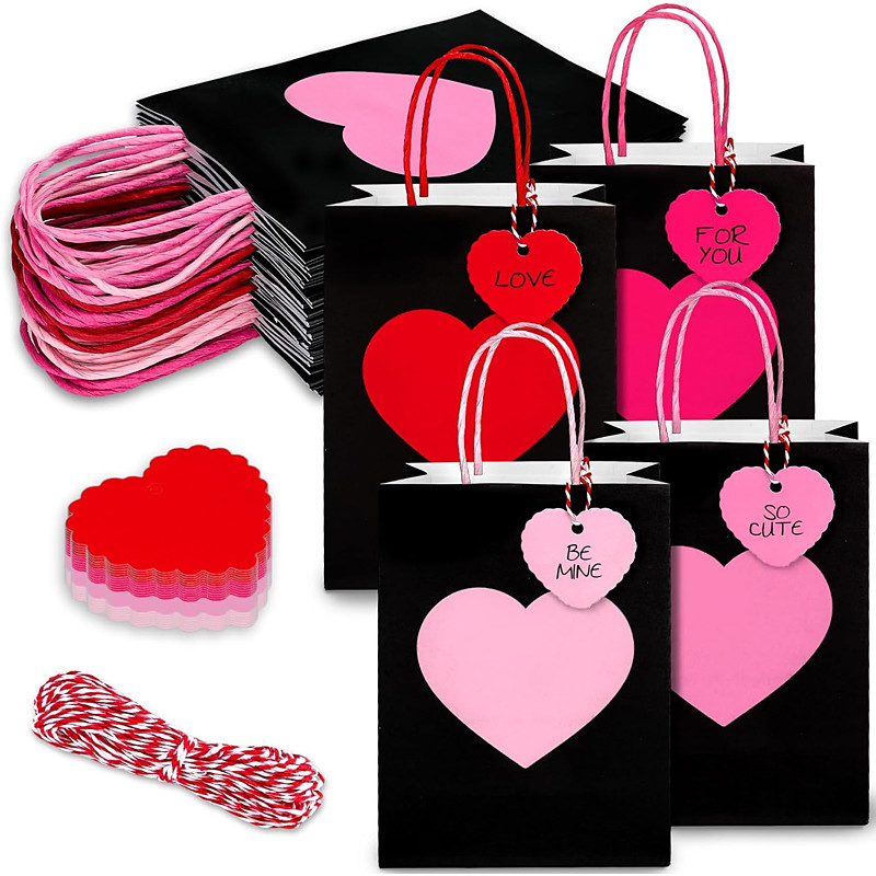 12pcs Black Heart-Shaped Gift Bags with Pink Handles Tags - Elegant Candy Bags Party Favor Bags for Valentine's Day, Mother's Day, Weddings Birthdays, Holiday Gift Supplies for Kids Adults