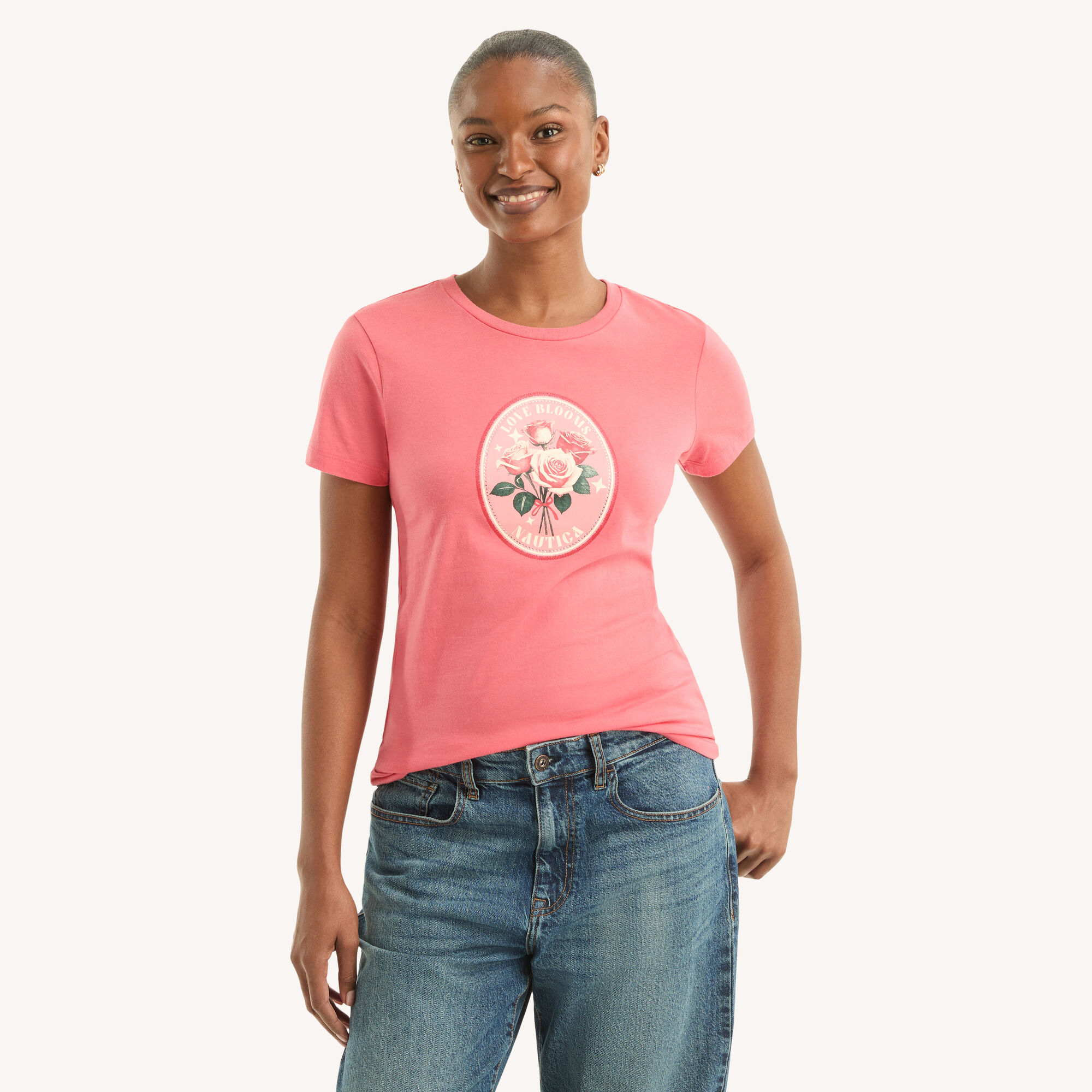 Nautica Women's Rhinestone Love Blooms Graphic T-Shirt 648 (Dreamy Coral), L