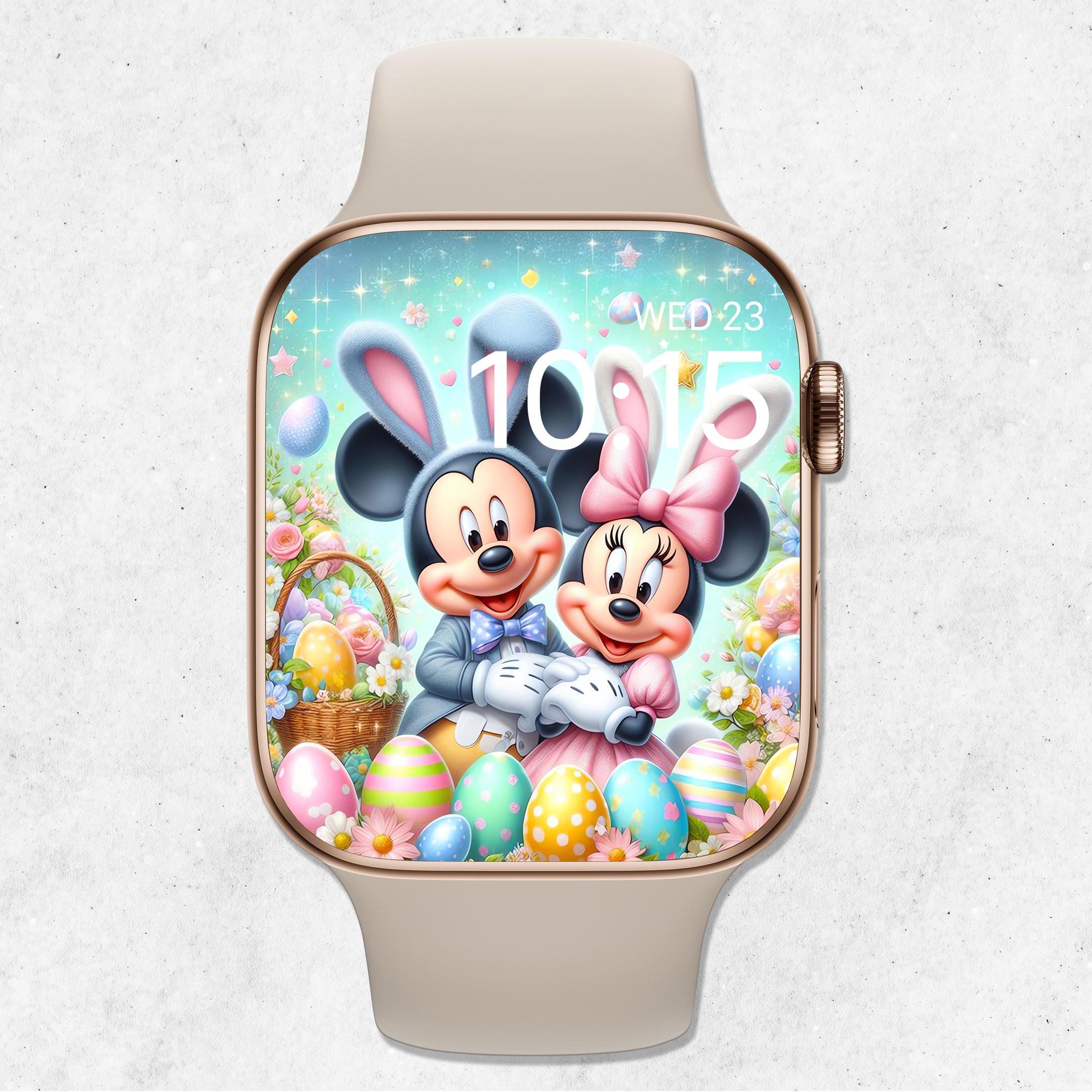 Sfondo di Pasqua per Apple Watch con Minnie e Topolino, quadrante festivo per orologio con uovo di Pasqua, sfondo per orologio Disney Spring, graziosa