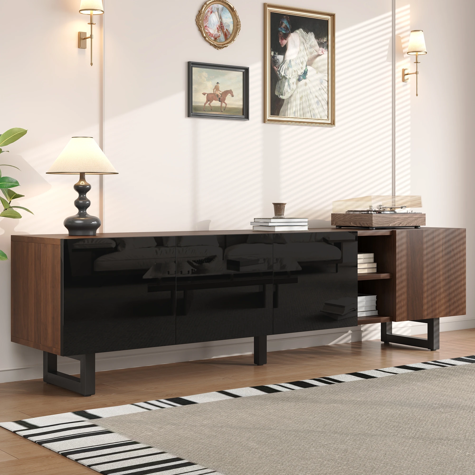 Meuble TV à quatre portes, meuble TV, panneau TV, meuble TV bas. Conception unique, grain de bois vintage. 180 x 38 x 50 cm (L x L x H)