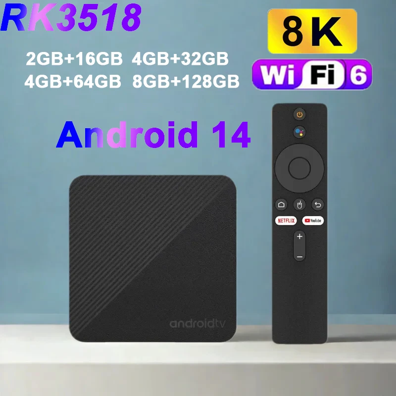 RK3518 Smart TV Box Android 14 T8 2,4G & 5G WiFi6 BT5.4 Netflix Google Media Player Unterstützung 4K 8K Video Sprachfernbedienung Set Top Box Image