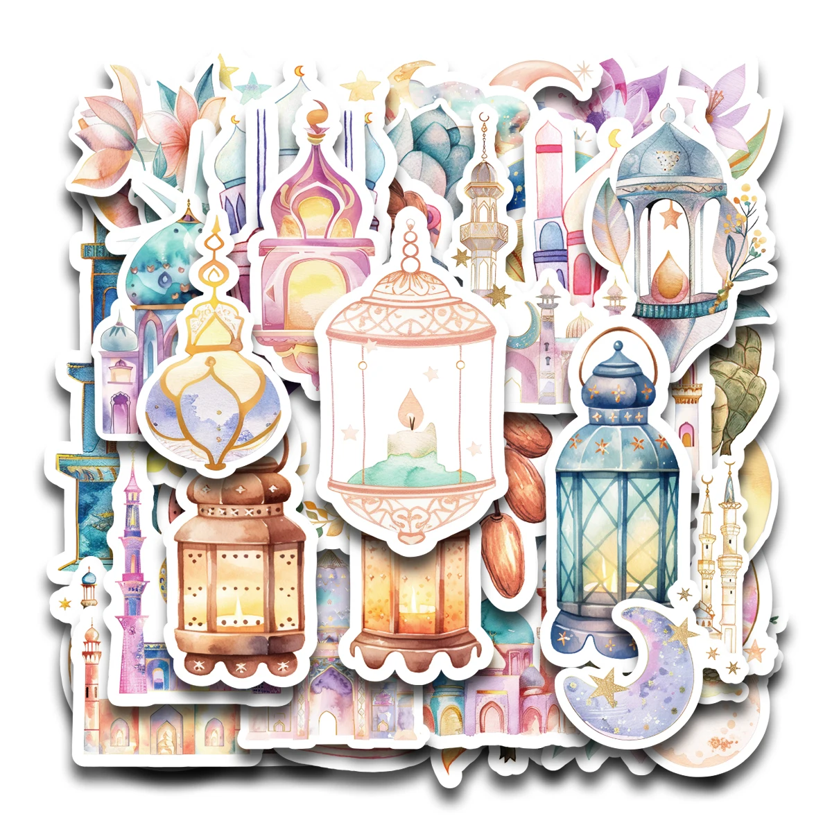60 Stück-2 Blatt Ramadan Mubarak Aufkleber, Halbmond, Laternen-Design, islamisches Dekor-Etikett für Scrapbooking, Tagebuch, Laptop-Aufkleber Image
