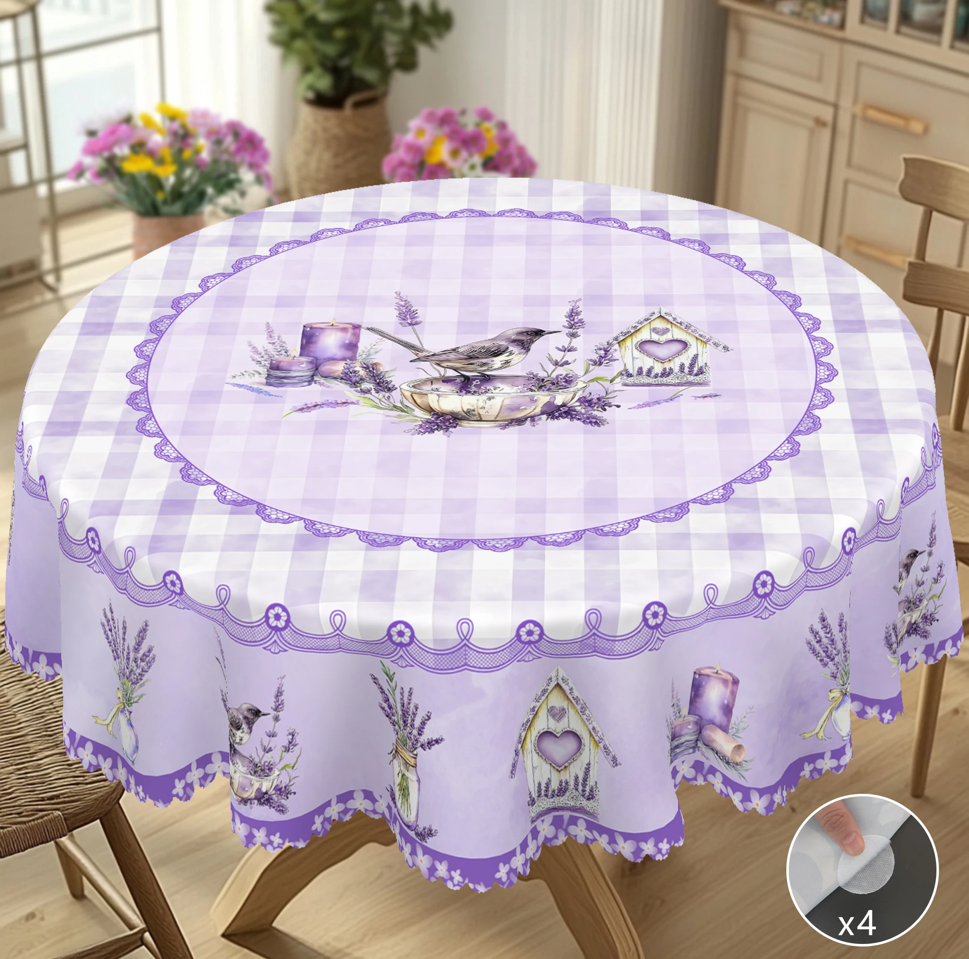 1-teilige runde Tischdecke mit romantischem lila Lavendelmuster für Frühling und Sommer, französisches elegantes Plaid, Blumen, Vögel, rechteckige Kerzenbedruckung, Heimküchentischdecke, Innen- und Image