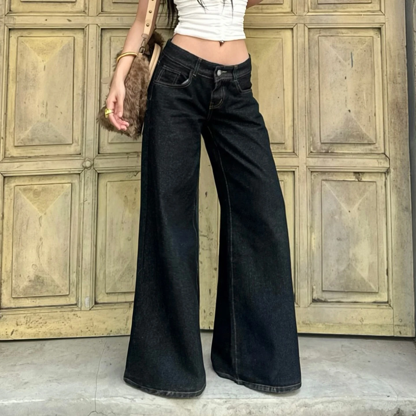 SUCHCUTE Retro Schwarz Lose Breite Bein Denim Jeans Damen All-Match Niedrige Taille Hose Y2K Streetwear Denim Hose Casual Outfit