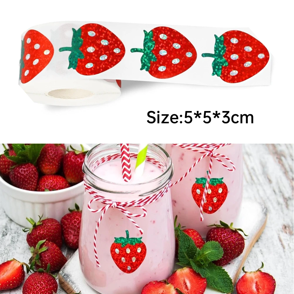 500 Stücke 1 Rolle Erdbeere Holographische Etiketten Dekorative Aufkleber Selbst Geschenk Diy Obst Album Aufkleber Für Verpackung Scrapbooking Image