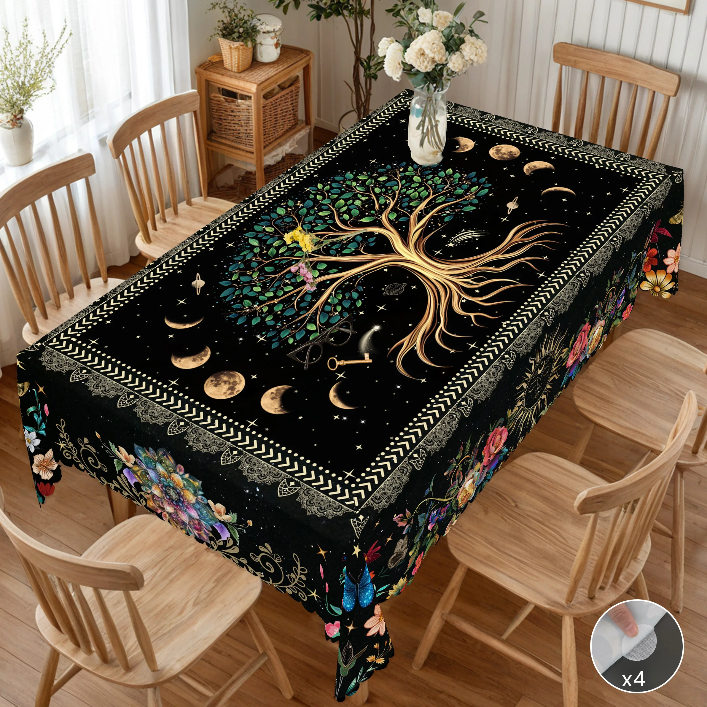 1-teilige rechteckige Tischdecke mit Bohemian-Motiv, Baum des Lebens, runde Tischdecke für natürliche Blumen, Pflanzen und Schmetterlinge, Party-Tischdecke, Heim-Tischdekoration, Tischdecke für die Image