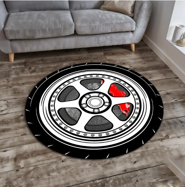 Black Wheels Printing Round Carpet Living Room Bedroom Kitchen Bathroom Floor Mat Soft Circle Rug Birthday Home Decor