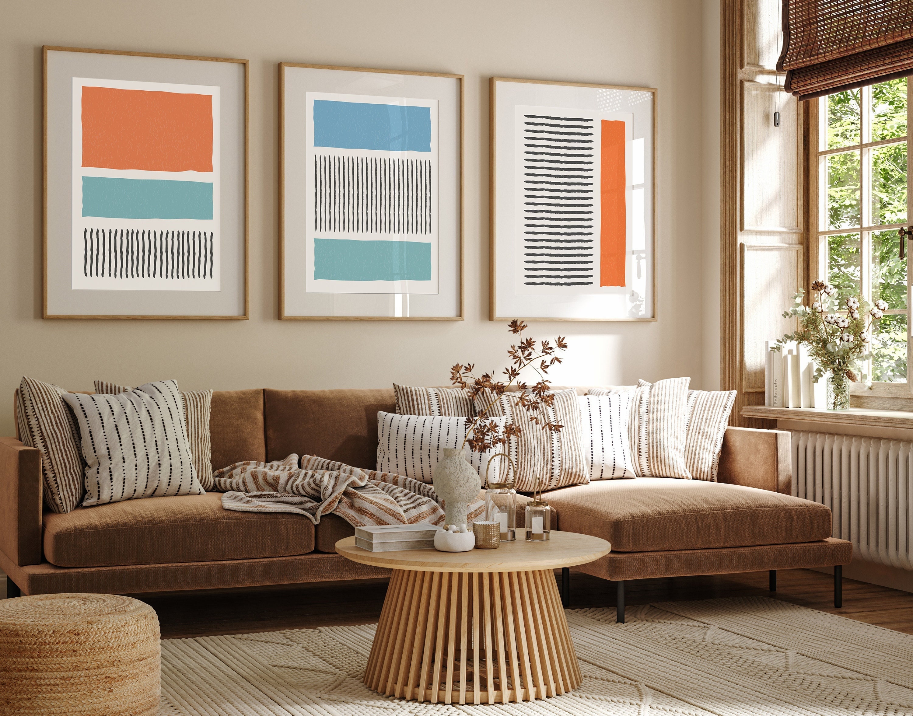 Set di 3 stampe, stampe da parete geometriche astratte multicolori, stampe da parete astratte color verde acqua, blu e arancione, stampe artistiche pe