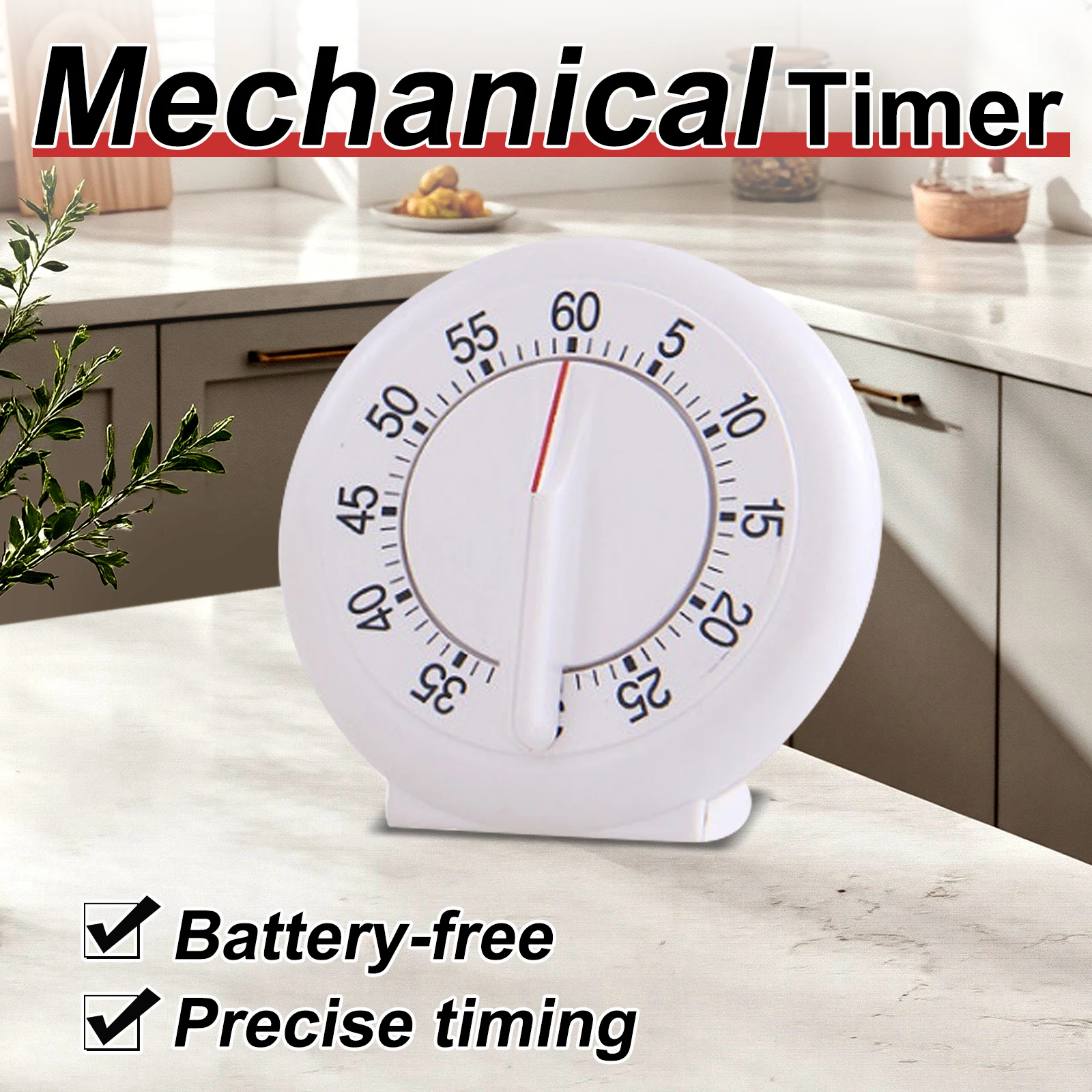 Mechanischer Timer, 60 Minuten Countdown, weißes ABS, modernes Standdesign, ideal für Küche, Arbeitszimmer und Büro