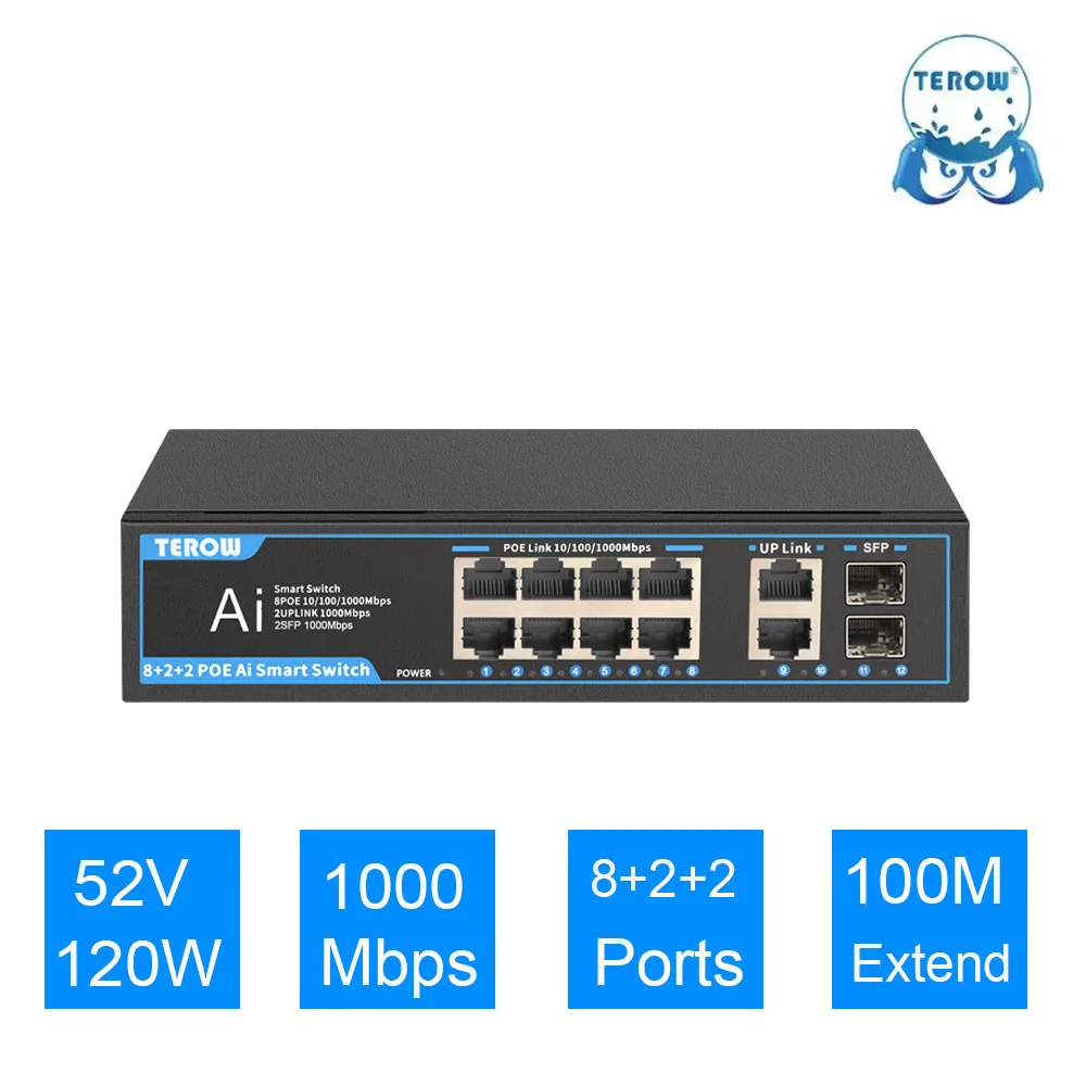 Terow commutateur Gigabit 12 Ports commutateur Ethernet 12 ports 1000 Mbps 8 Ports POE + 2 liaison montante + 2 emplacements SFP commutateur réseau pour routeur wifi