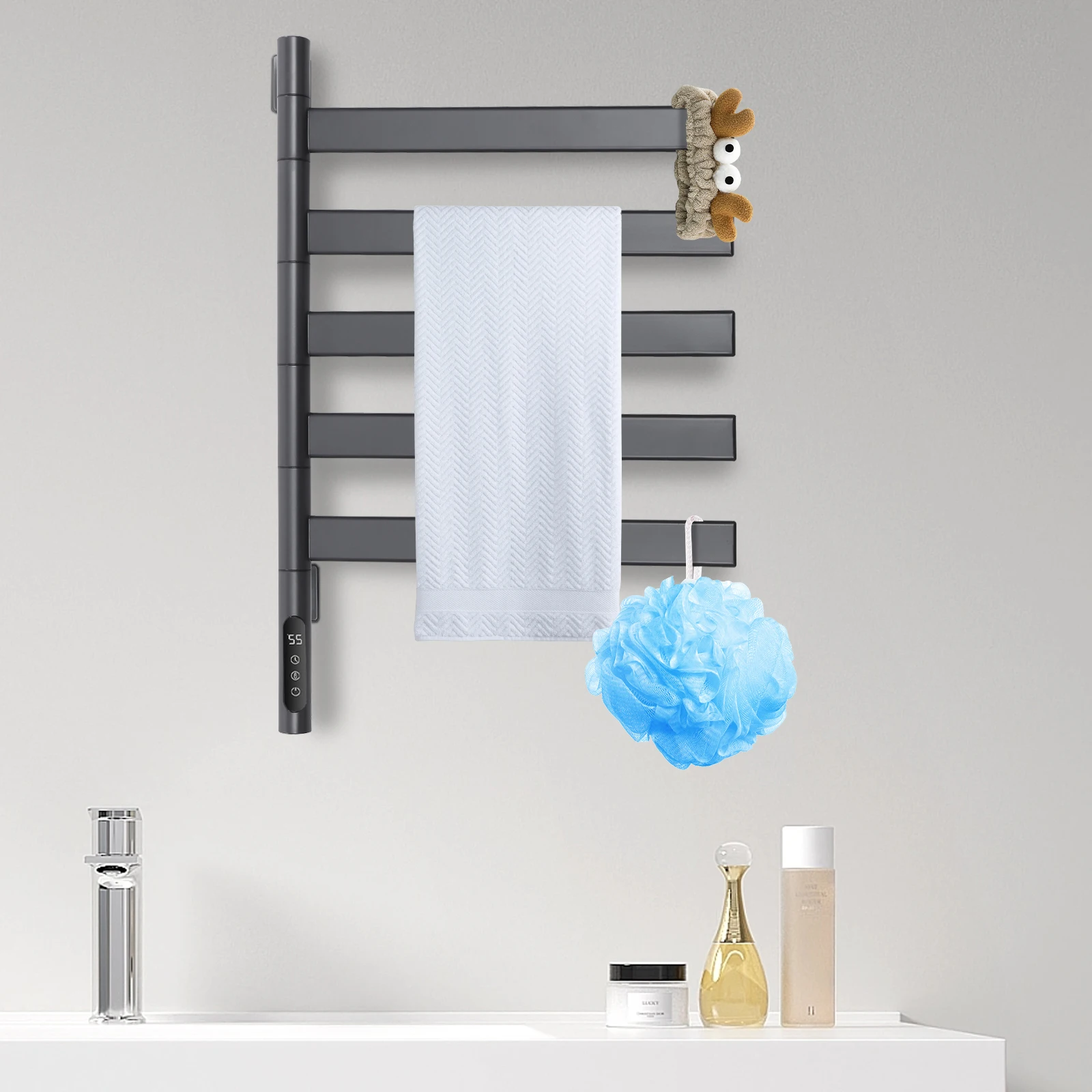 Grauer elektrischer Handtuchwärmer mit 5 Stangen | 180 ° Rotation, Kohlefaser-Heizung, LED Touch Grey 5-Stab elektrischer Handtuchwärmer Image