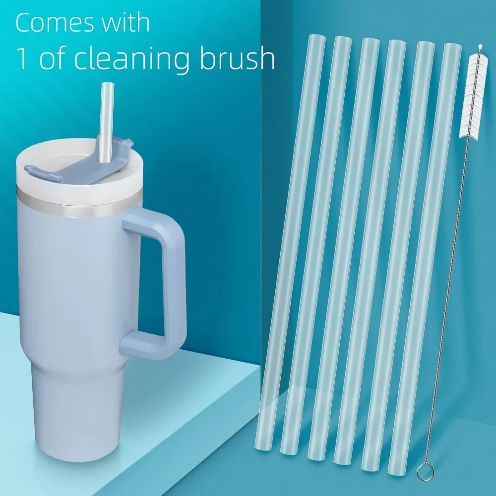 6 Stück Ersatzstrohhalme für Stanley Adventure 40oz Reise-Thermosbecher, wiederverwendbare Wasserflaschen-Strohhalme aus Kunststoff mit Reinigungsbürste Image