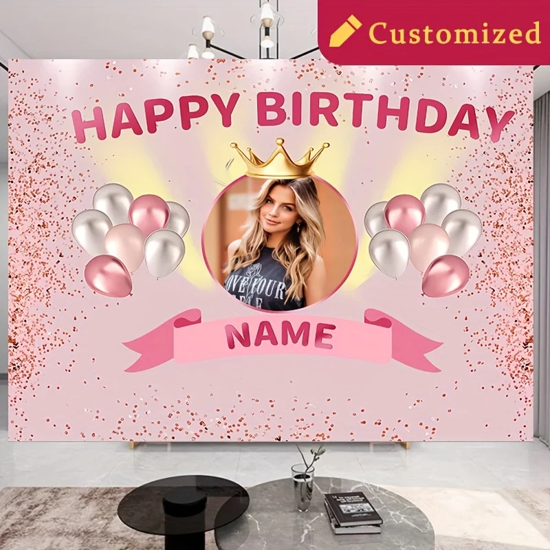 1, anpassbares Happy Birthday-Banner, elegante rosa Farbe mit anpassbarem Foto- und Namensparty-Hintergrund