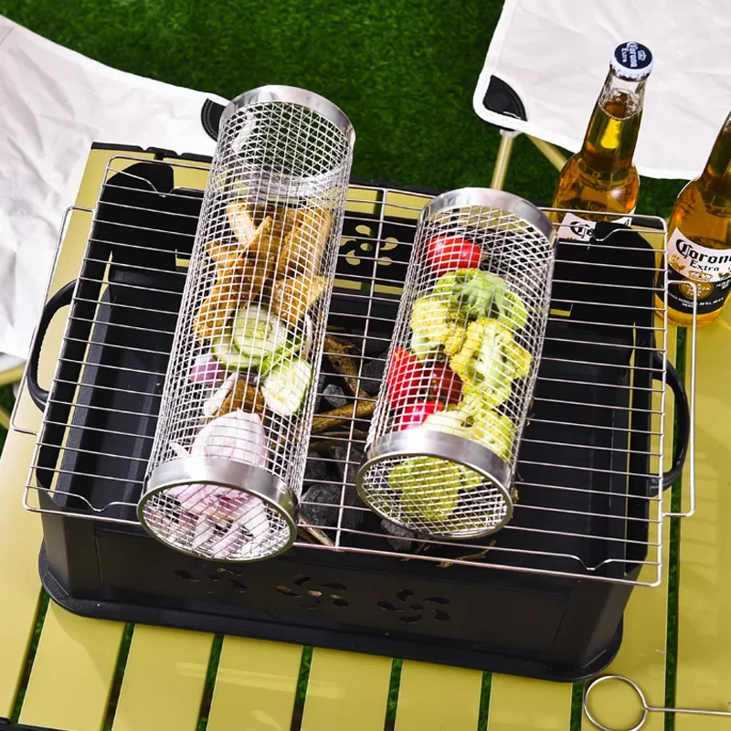 Grill korb Grill Werkzeuge Bar Kochgeschirr Grill Camping Grill Küchen utensilien Rollen Edelstahl Outdoor Draht geflecht rund Image