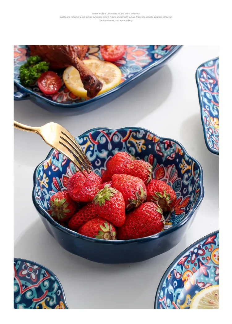 Bohemia Ceramic Rice Bowl Serving Plate Creative Ceramic Cutlery Soup Noodle Bowl Household Handle Bowl Sauce Dish