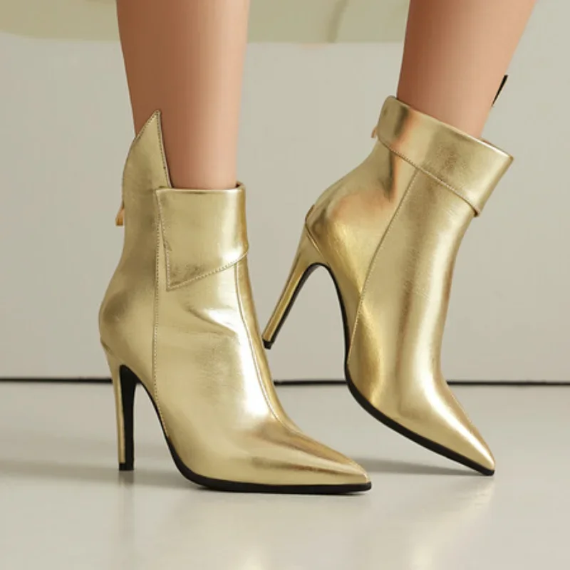 Luxus Stiefeletten für Frauen 2024 Herbst Winter Schwarz Silber Kurze Stiefel Dünne Fersen Party Tanz Schuhe Damen Marke Große größe 45